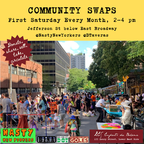 Flier for community swaps first Sat every month, street party scene